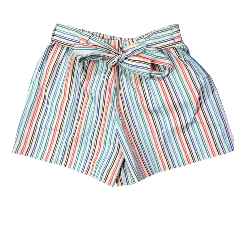 Womens High Waisted Paperbag Stripe Shorts Multi Color Blue Red Small